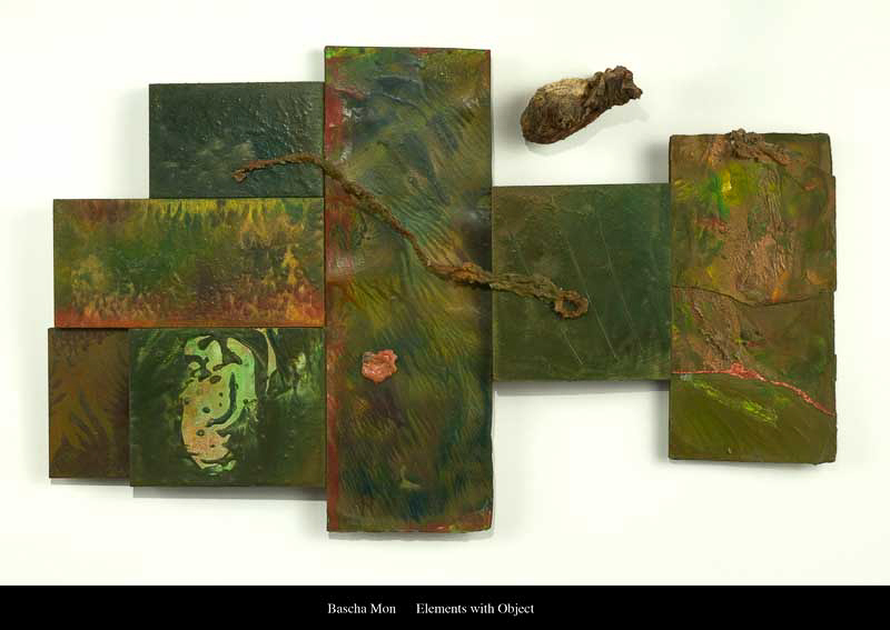 ”ELEMENTS WITH OBJECT” 15 ½” x 25 ¾” x 1 ½” Encaustic Monotype Assemblage. Encaustic on paper and wood; wax coated cords; clay; found wood