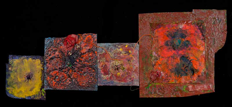 “FOUR VARIATIONS on a POPPY” 15” x 31” x 1 ½” Encaustic Monotype on wood and paper with veterans’ paper poppies; safety pin; plastic wire