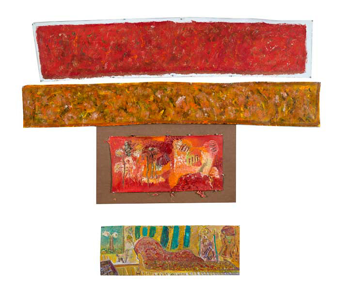 (FROM THE TOP): “RED FRIEZE” 13 ¾” x 61”; oil on unstretched linen “OCHRE FRIEZE” 10 ½” x 67”; oil on unstretched linen “RED STORY” 17” x 26” Oil on unstretched linen “VISITORS” (Diptych). 12” x 30” oil on l’huile paper overall size variable/ approx. 66” x 68”