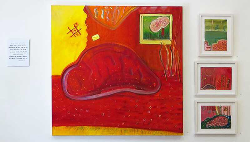 “COMFY CHAIR FLOATS ON THE MAGIC CARPET – ODE to CHILDHOOD AND TO MATISSE” 48” x 48”[to left poem David Skybound Rosenak] [to right 3 gouache framed]: Top- “Conversation: Thoughts of the Orient” 12” x 9” Middle- “Another Red Room” 9” x 12” Bottom- “636 – Pink for My Mother”9” x 12” gouache/ Yupo