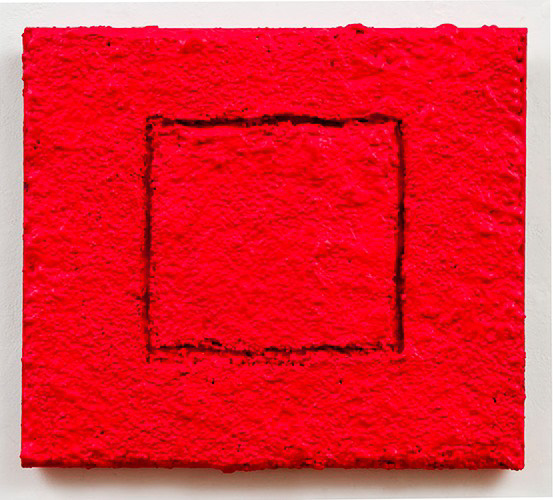 Louise P. Sloane<br />"RED 2007" 2007 7x8x1/8"<br />Acrylic Paints and Pastes on bent aluminum pan