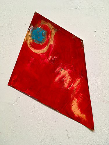 "Quadrilateral Red" Assunta Sera 2017<br />11x9x6x9", oil on shaped prepared paper