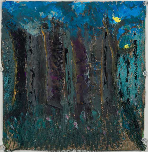 “FARM MEMORY 7 MY MOTHER’S SEARCH FOR FREEDOM” 11” x 10” Collage brown paper bags; netting; gouache