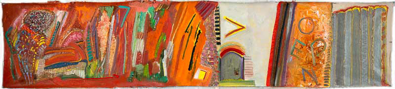 “OPENING THE DOOR” 20” X 87 ½” unstretched linen; acrylic; oil; pigment sticks; ink; oil pastels ;encaustic; crystal beads