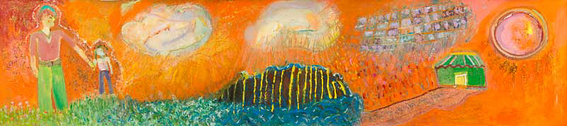 ” CHILD MEMORY (without boat)” 19:” X 84” (Threads hang down below to extra 19”); unstretched linen; acrylic; oil; glitter; cord (collaged); charcoal; oil pigment sticks; oil pastels; silver crayon; cold wax; silver ink