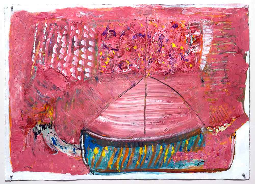 Teapot Lost Boat with Heavy Pink Sky<br />2014<br />oil on paper Arches<br />22.5 x30"