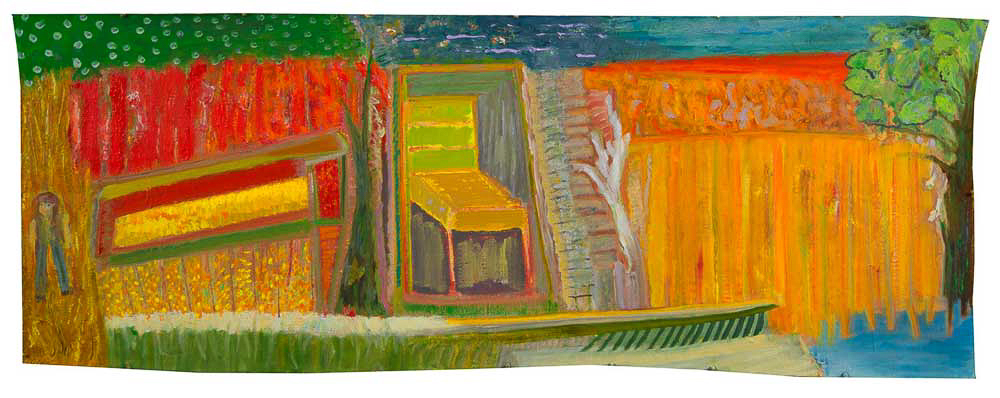 “Farm Memory –Search for Solitude for my mother, Minnie”<br />“Farm Memory –Search for Solitude for my mother, Minnie” oil on unstretched linen 20” x 68”