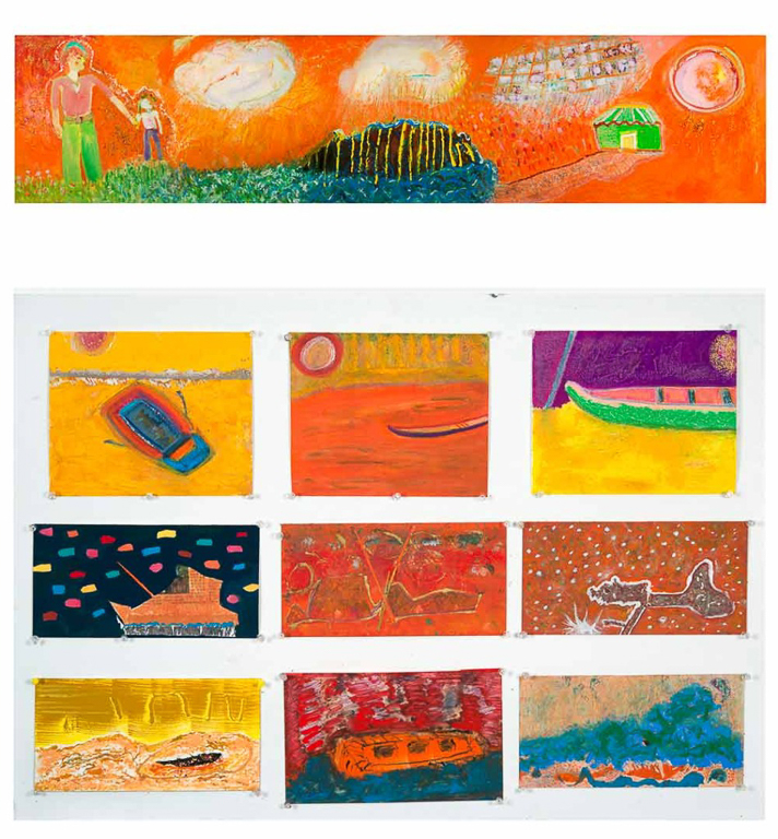 “CHILD MEMORY (without boat)” beneath is panel of “LOST BOATS” 30”X40” Assorted papers and materials