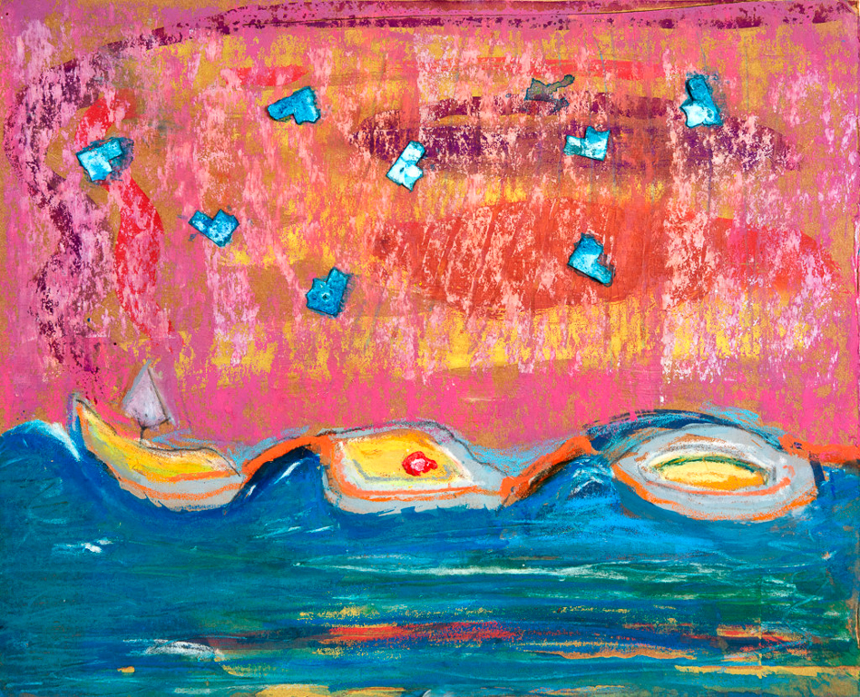 More Lost Boats #2<br />9” x 12” gouache and collage on Cardboard June 2015