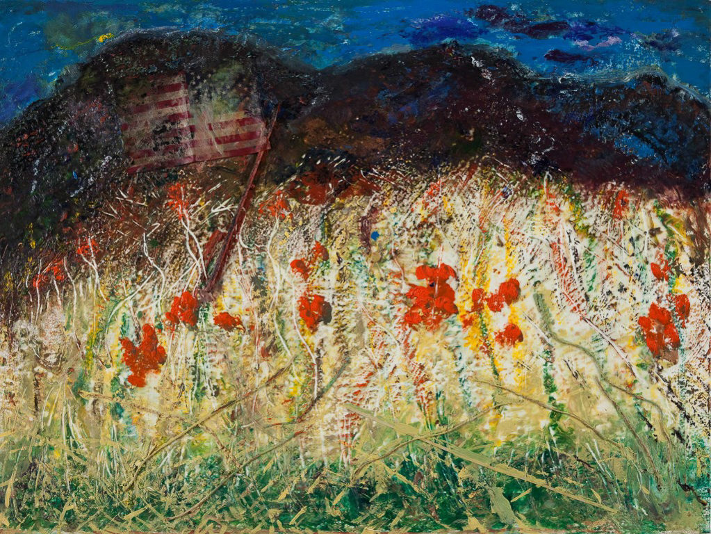 WILL WHEAT EVER REPLACE THE OPIUM POPPY CROP? 23”x30 ¼” encaustic; toy flag; jute; sticks; thread on Arches