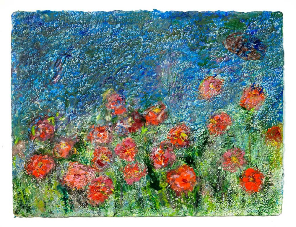POPPY FIELD #1 23” x 30” encaustic and collage on Arches