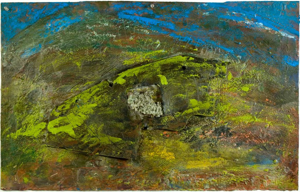 MOUNTAIN #4 19 ½” x 29 ¾” encaustic with rubber & lichen on Arches
