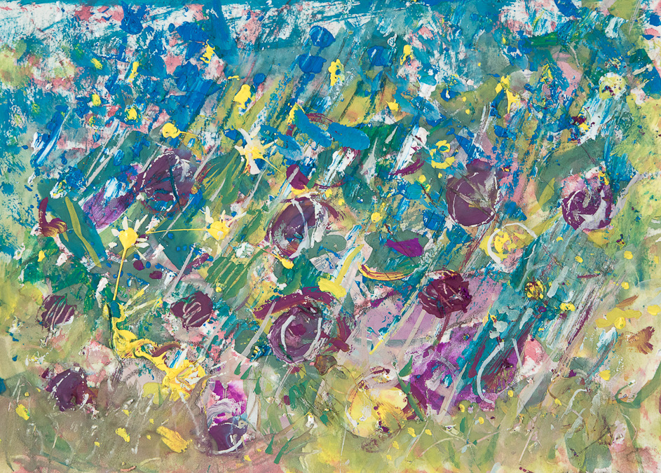 AUBERGINES AND DAISIES IN THE RAIN - FANTASY #28<br />Carbon pencil. Gouache on paper 4 1/4” x 6”<br />Sunday July 22, 2018