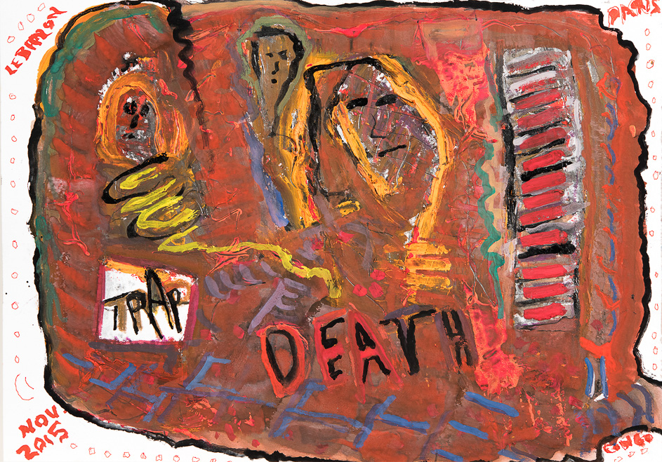 HOW WILL WE EVER REACH THE NEW LAND? (TRAP OF DEATH)<br />Nov. 15, 2015<br />Graphite powder, inks, gouache, oil pastels, on paper 8 1/2" x 12"