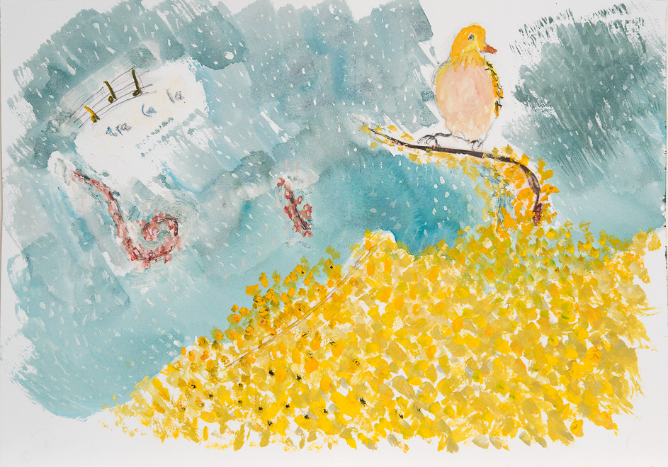 TRA-LA-LA-- THE BIRDS SING IN THE NEW LAND.  BUT WHY IS THERE SNOW?<br />April 9, 2016<br />Gouache, collage, golden acrylic medium, carbon pencil on paper 8 1/2" x 12"