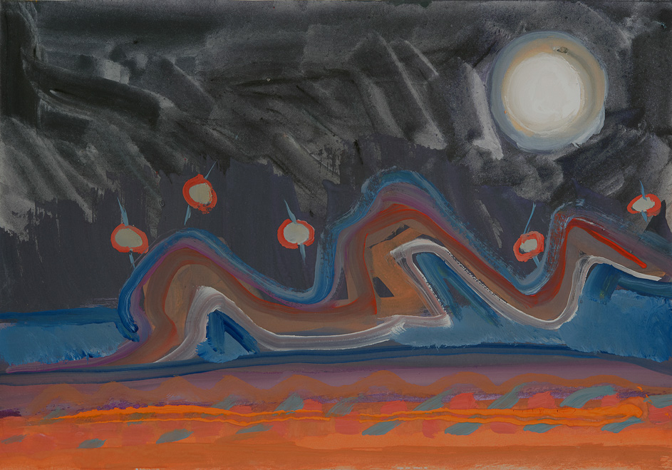 ARE SKIES AT NIGHT MORE UNUSUAL IN THE NEW LAND?<br />June 1, 2016<br />Gouache, conte pencil on paper, 8 1/2" x 12"