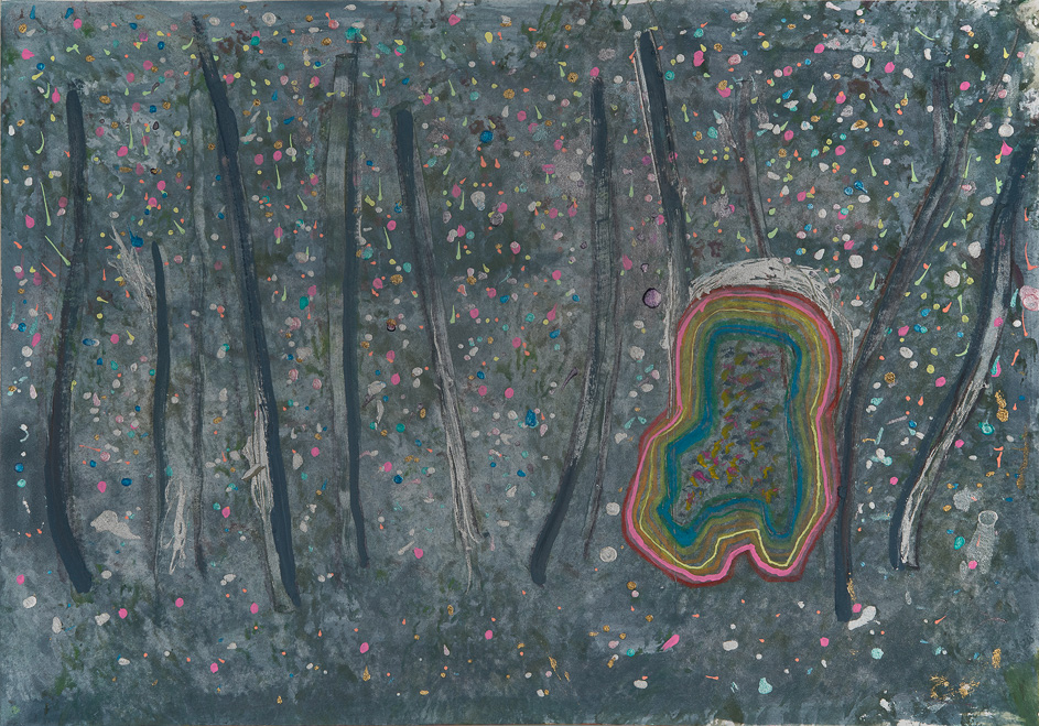 IS THERE A RAINBOW CHAIR AND AN ENCHANTED FOREST IN THE NEW LAND?<br />July 24, 2016<br />Gouache, graphite stick, conte pencil, acrylic pearlescent ink, gold ink, silver ink, neon markers on paper, 8 1/2" x 12"