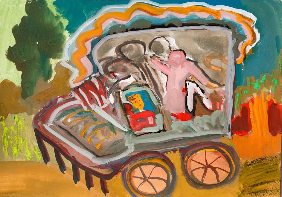 IN THIS BROKEN DOWN CART WE GO TO THE NEW LAND.  NOTHING CAN STOP US!<br />Gouache, carbon pencil on paper<br />8 ½”x 12”<br />Wednesday, March 22, 2017