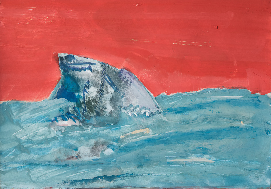 CRAZY CLIMATE CHANGES -- ICEBERGS MELTING IN THE NEW LAND<br />Gouache, gouache monotype, carbon pencil on paper<br />8 ½” x 12”<br />Saturday, March 18, 2017