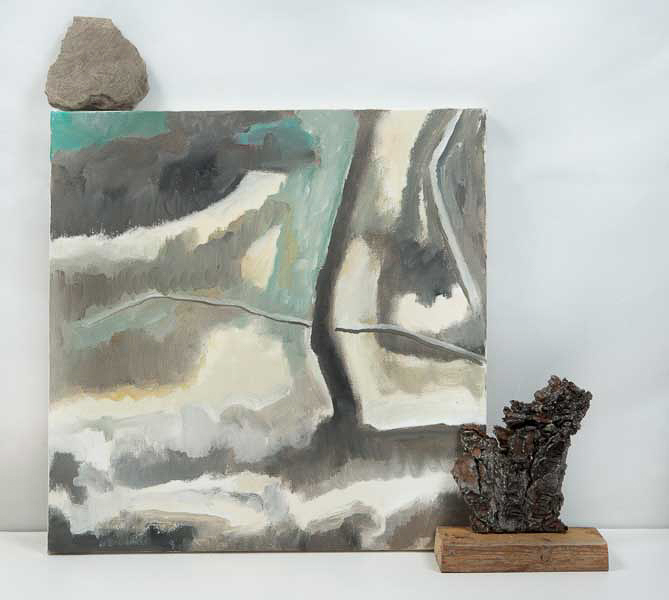 “DOES THE FOREST EVER SLEEP” 24” x 24” oil on canvas with tree bark on wood beneath and rock on upper ledge of canvas.