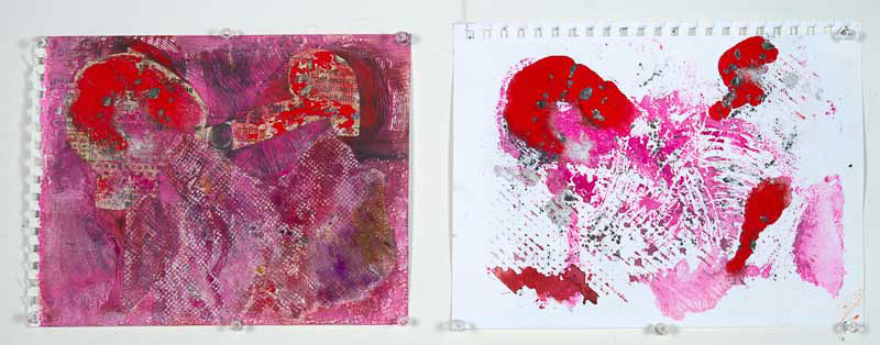 “IN THE PINK” pair: overall 9” x 26” Gouache and Collage with Monotype
