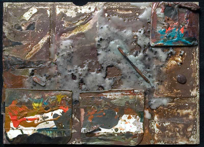 FLOTSAM 8 ¾” x 12” x ¼” encaustic and collage on floor tile<br />Fle