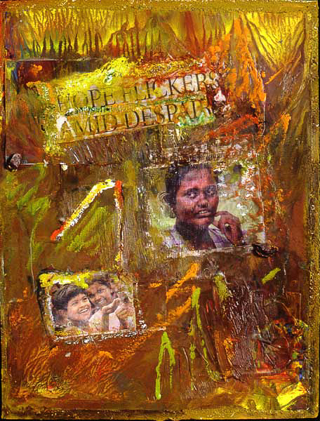HOPE FLICKERS AMID DESPAIR 16” x 12 1/8” encaustic and collage/paper