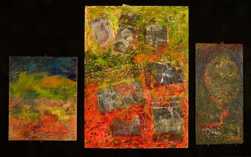 ALTAR PIECE in 3 parts: Before (Tranquillity) 17 ¾” x 14 1/8” x 1 ½” encaustic on wood During (Havoc) 30 ¼” x 22” encaustic/ collage/paper
