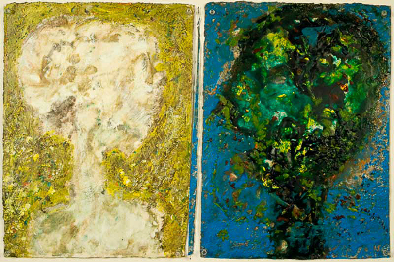 DISINTEGRATING DOUBLE PORTRAIT. 16” x 23 ½” encaustic on 2 joined papers- Arches.