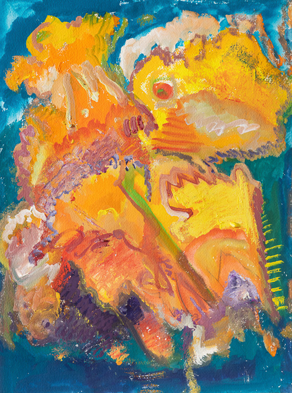 NO CHICKENS ON SATURDAY<br />Carbon pencil, gouache on Arches paper<br />16  x 12 in.<br />Saturday, October 7, 2023