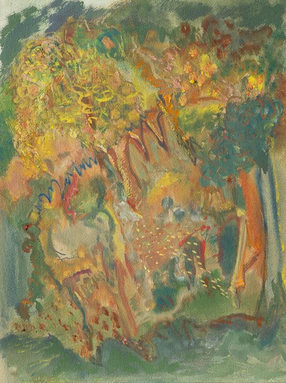 RAIN BRINGS A GLIMPSE OF FALL<br />Carbon pencil, gouache on Arches paper<br />16 x 12 in.<br />Monday, September 18, 2023